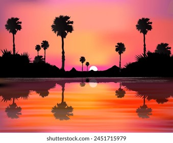 Vector illustration of evening mountain view and beautiful flowers.