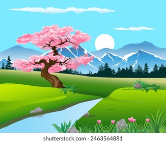 Vector illustration of evening mountain view and beautiful flowers.