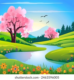 Vector illustration of evening mountain view and beautiful flowers.