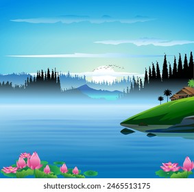 Vector illustration of evening mountain view and beautiful flowers.