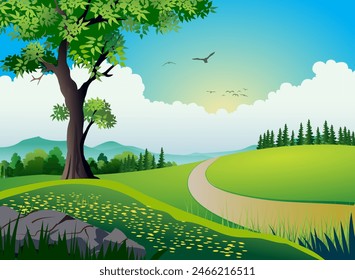 Vector illustration of evening mountain view and beautiful flowers.