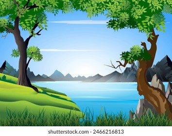 Vector illustration of evening mountain view and beautiful flowers.