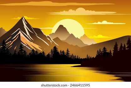 Ilustración vectorial de la noche vista a la montaña y hermosas flores.