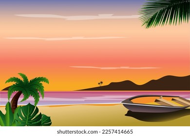 Vector illustration of an evening ocean view with coconut trees as a backdrop.