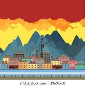 Vector illustration an evening panorama proud mountains in the background near the river in a flat style