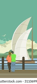 vector illustration of the evening Pier is a couple in love and looking at the water