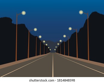 Dibujo vectorial de un camino nocturno con dos filas de luces, bosque oscuro y montañas lejos. El paisaje se puede usar como cartelera, pancarta, fondo para diseño web o impresión