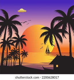 Vector illustration of an evening sea view of a fisherman's house.