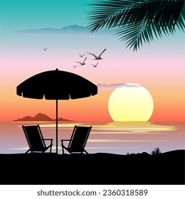 Vector illustration, evening sea view when the sun sets over the water.