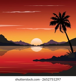Ilustração vetorial da vista do mar à noite ao pôr do sol.