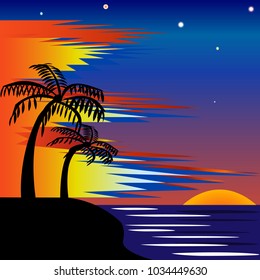 vector illustration the evening sunset, palms, sea, stars on the sky, abstraction