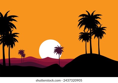 Vector illustration, evening view of palm trees.