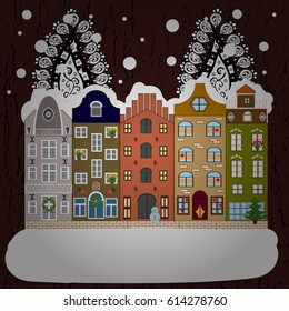 Vector illustration. Evening village winter landscape with snow cove houses. Christmas winter scene. Background.