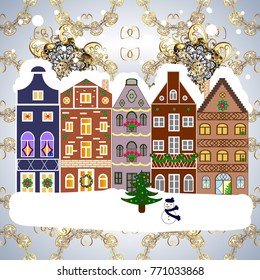 Vector illustration. Evening village winter landscape with snow cove houses. Christmas winter scene. Background.