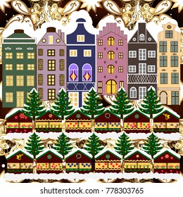 Vector illustration. Evening village winter landscape with snow cove houses. Background. Christmas winter scene.