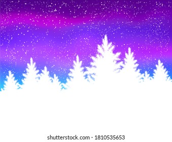 Vector illustration of evening winter Christmas landscape with falling snow and spruce forest silhouette in white and neon purple colors.