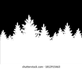 Vector illustration of evening winter Christmas landscape with spruce forest silhouette in black and white colors.