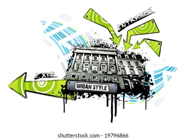 Vector illustration of an event building location with entrance and exit signs and arrows. Retro ink splatter urban style.