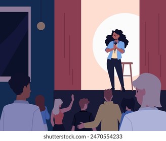 Vector illustration of an event dedicated to stand-up comedy. A young girl performs humorous jokes, holds a microphone and entertains the audience on an stage