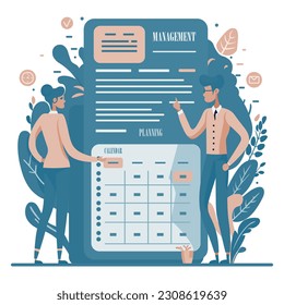 Ilustración vectorial del proceso de organización de eventos. Hombre y mujer con un calendario en tonos pastel. Gestión del tiempo, organización del trabajo, recordatorio de memo, plan de trabajo.