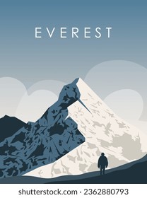 Ilustración vectorial. Everest, Himalaya. Afiche, diseño de pancartas. Turismo, viajes.