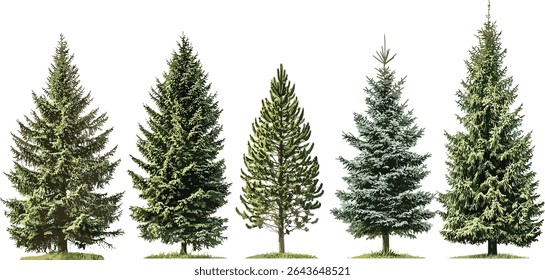 Vector illustration of evergreen spruce and fir trees, Picea Abies and Pungens Colorado blue, medium small isolated tree, Pinaceae needled, woodland landscape, garden design elements.