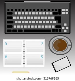 a vector illustration of every day used items such as a laptop, notebook, pencil, mobile phone and a cup of coffee