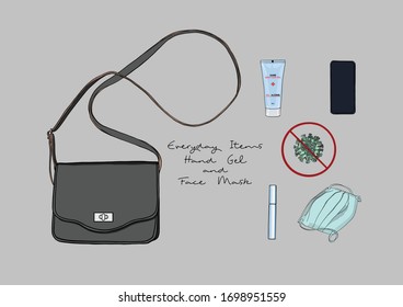 Vector Illustration of Everyday Essentials including Alcohol Hand Sanitizer Gel and Face Mask / Medical Mask, New normal, Changing lifestyle, Life during and after COVID-19 pandemic / outbreak