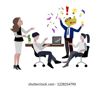 Vector illustration. Evil boss. Head dragon. Leader generates ideas. Office where people work. Angry boss. Fun cartoon characters.
