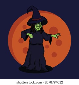 Imagen vectorial de la malvada caricatura de la vieja bruja con la brillante luna grande. Adecuado para personajes de halloween, artículos de halloween, etc