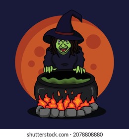 Vector illustration of evil cartoon old witch with bright big moon. Suitable for halloween characters, halloween items, etc