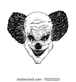 Vector illustration of evil clown face isolated at white background.Linocut engraving retro hand drawn  style.