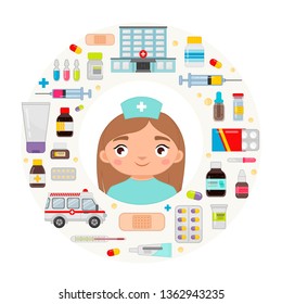 Vector illustration of an evil doctor. Cartoon set of medicines, ambulance and hospital.
