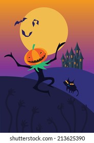 vector illustration of evil pumpkin and his back cat feel happy in Halloween night 