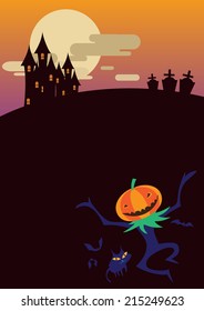 vector illustration of evil pumpkin and his back cat feel happy in haloween night for poster template 