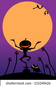 vector illustration of evil pumpkin and his back cat feel happy in haloween night for poster template