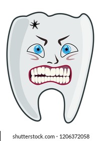 vector illustration with evil sick tooth. perplexed hysterical tooth with caries