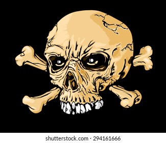 A vector illustration of an evil skull and crossbones with broken teeth and leathery rotting skin.
Skull and Crossbones icon illustration.
Evil looking Skull with bones.