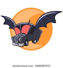 vector illustration of an evil truck flying during a full moon, work of hand drawn