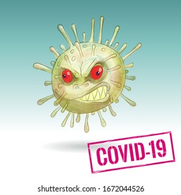 Vector Illustration Of An Evil Virus Grinning Teeth. A Virus With A Face, A Dangerous Virus. Illustration For A Feature Article Or Infographic.