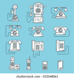 Vector illustration of evolution of communication devices from classic phone to modern mobile phone. Retro vintage icons set. Cell symbols silhouettes isolated. Line style.