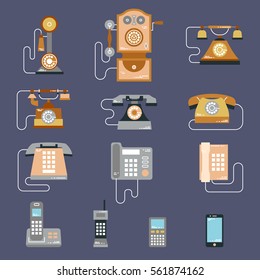 Vector illustration of evolution of communication devices from classic phone to modern mobile phone. Retro vintage icons set. Cell symbols silhouettes isolated. Flat style.