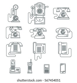 Vector illustration of evolution of communication devices from classic phone to modern mobile phone. Retro vintage icons set. Cell symbols silhouettes isolated. Line style.