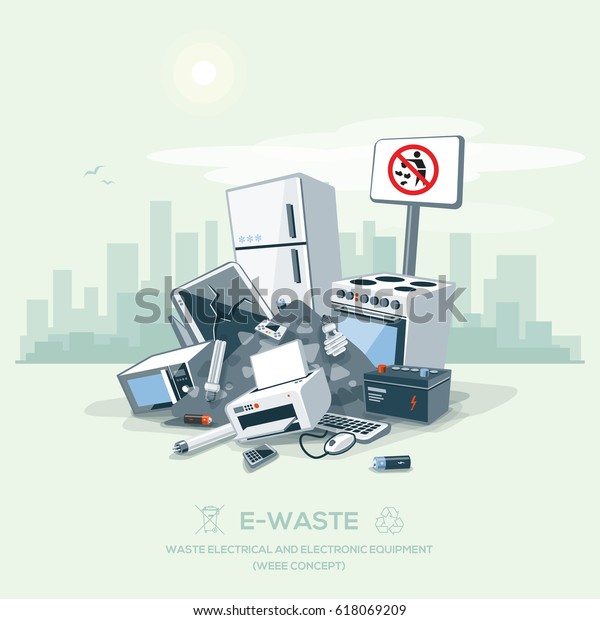 Vector illustration of e-waste garbage pile on\
the street with city skyline. Electrical and electronic appliance,\
computer and other obsolete electronic equipment from household\
fallen on ground.