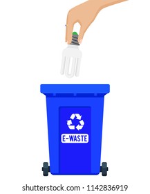 Vector illustration: e-waste throw out. Woman hand throwing away a bulb in garbage container. Trash sorting concept. Colorful trash bin.