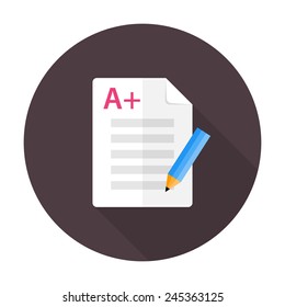 Vector illustration of exam test. Flat circular icon with long shadow.