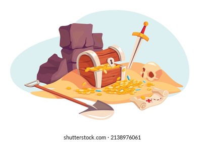 Ilustración vectorial de tesoros excavados en un fondo azul. Isla del tesoro. Una pila de oro y joyas en un pecho con una pala, un mapa del tesoro, una espada y un cráneo al lado, al estilo de las caricaturas.