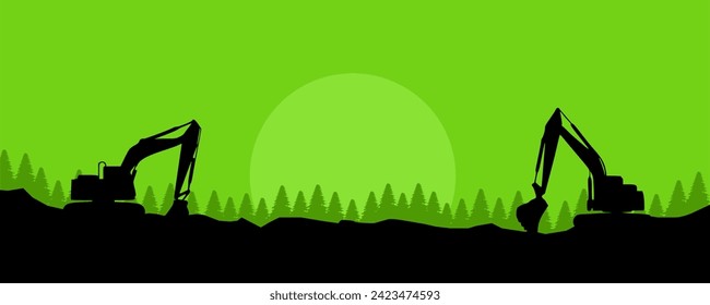 vector illustration of excavator and forest - flat design