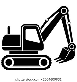 Vector illustration of an excavator silhouette in black and white, detailed and minimalistic design.