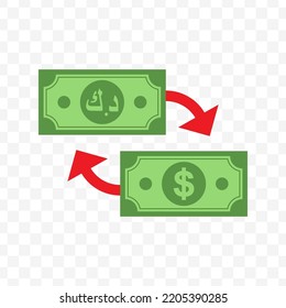 Vector illustration of exchange of dollar banknotes with kuwait dinar. Simple design on a transparent background (PNG).
